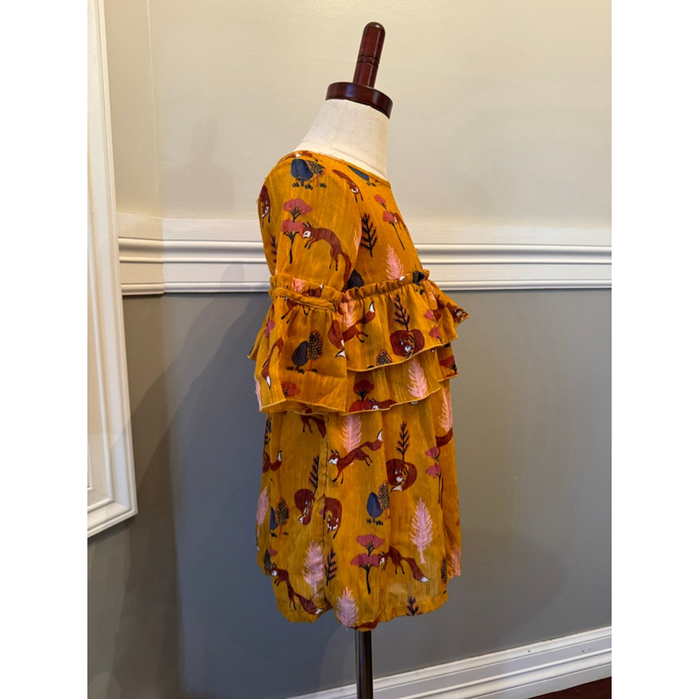 Genuine Kids from Oshkosh | Mustard Yellow Pink Fox Print Ruffle Dress | 4T - Picture 2 of 7